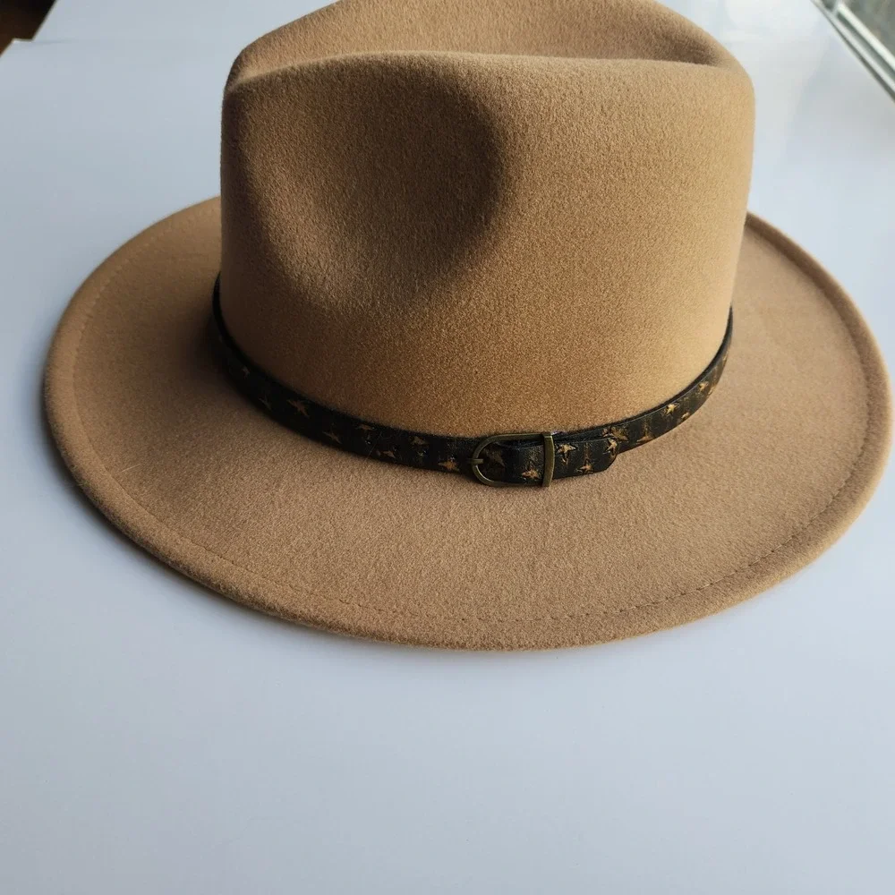 Boho Rancher Tan Fedora Hat Wide Brim Star Band Wool Blend Style FY012 Unisex - Picture 2 of 8